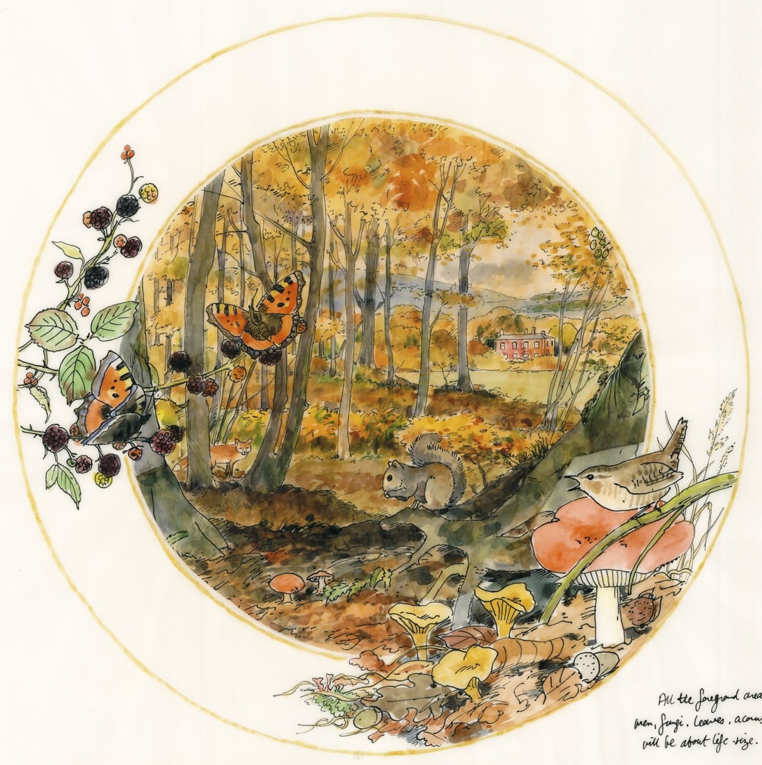 Peter Barrett (UK,1935-?) watercolor painting: ARTIST: Peter Barrett (United Kingdom, 1935 - ???) TITLE: Country Year - October Sketch YEAR: 1979 MEDIUM: watercolor on paper CONDITION: Some tears to