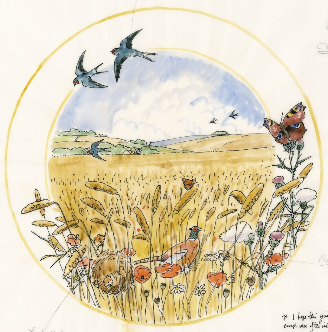 Peter Barrett (UK,1935-?) watercolor painting: ARTIST: Peter Barrett (United Kingdom, 1935 - ???) TITLE: Country Year - August Sketch YEAR: 1979 MEDIUM: watercolor on paper CONDITION: Some tears to