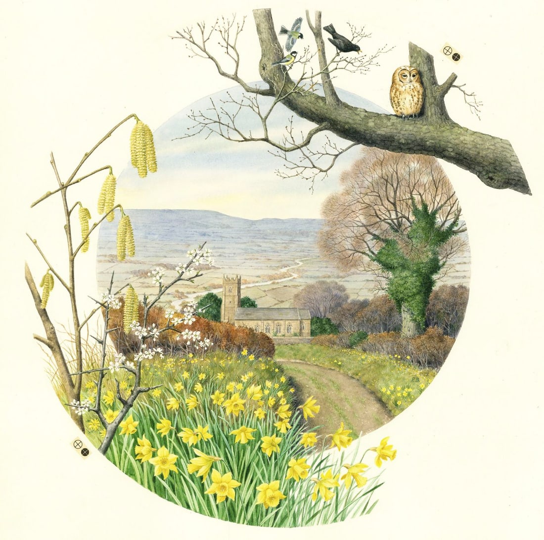 Peter Barrett (UK,1935-?) watercolor painting: ARTIST: Peter Barrett (United Kingdom, 1935 - ???) TITLE: Country Year - March - Somerset Church and Countryside, UK (titled on verso) YEAR: 1979 MEDIUM: watercolor on pap