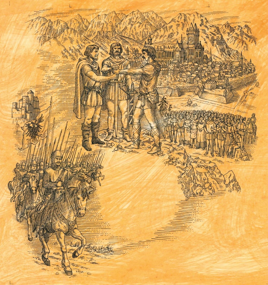 ATTR Jim McDermott (MA,CA,1960-2015) ink painting: ARTIST: ATTRIBUTED TO James P McDermott (Massachusetts, California, 1960 - 2015) TITLE: Historic Seals - The Everlasting League (titled on verso) YEAR: 1989 MEDIUM: ink on