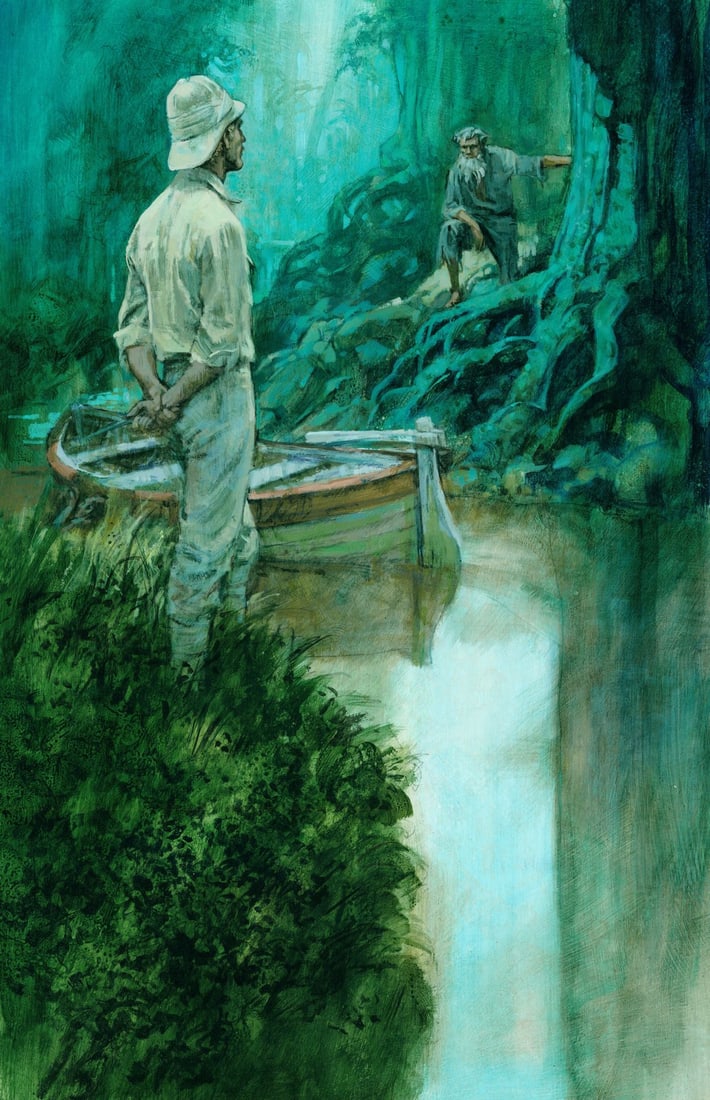 H Tom Hall (PA,NY,1932-2010) oil painting: ARTIST: Harry Thomas Hall III (Pennsylvania, New York, 1932 - 2010) TITLE: Illustration - Lord Jim 6 YEAR: 1977 MEDIUM: oil on board CONDITION: Few minor
