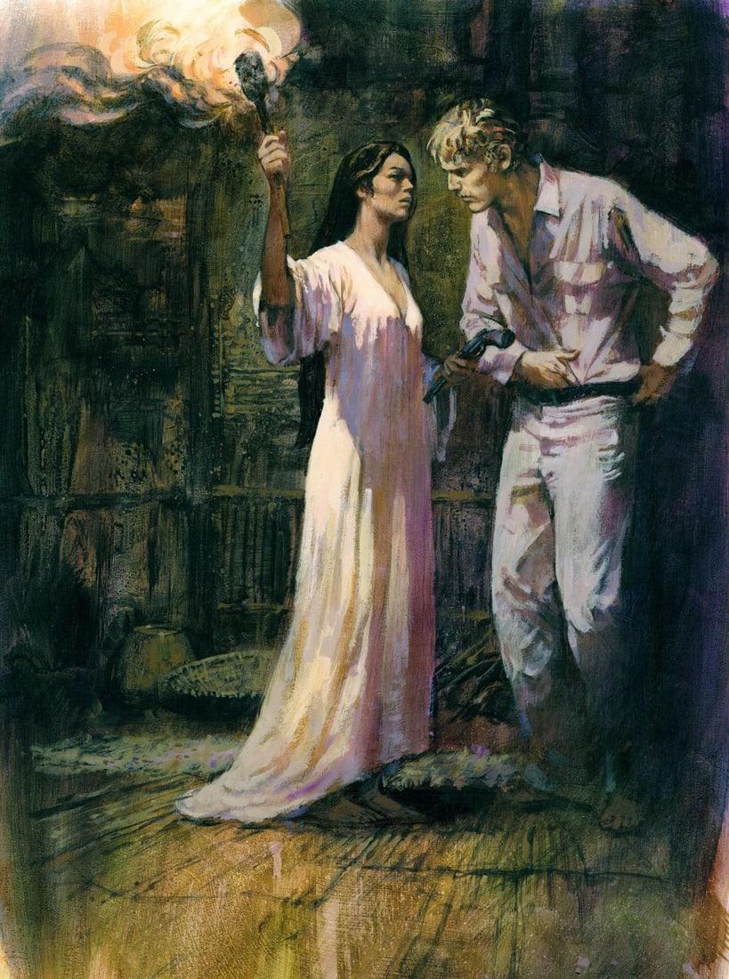 H Tom Hall (PA,NY,1932-2010) oil painting: ARTIST: Harry Thomas Hall III (Pennsylvania, New York, 1932 - 2010) TITLE: Illustration - Lord Jim 5 YEAR: 1977 MEDIUM: oil on board CONDITION: Overall g