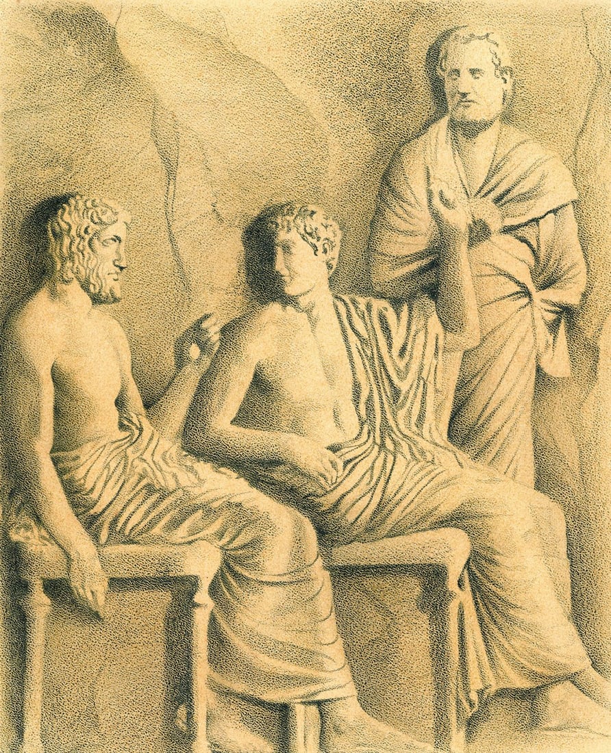 Dennis Luzak (IL,1939-?) graphite painting: ARTIST: Dennis Luzak (Illinois, 1939 - ???) TITLE: Illustration for Aristotle's The Politics book YEAR: 1980s MEDIUM: graphite on board CONDITION: Some
