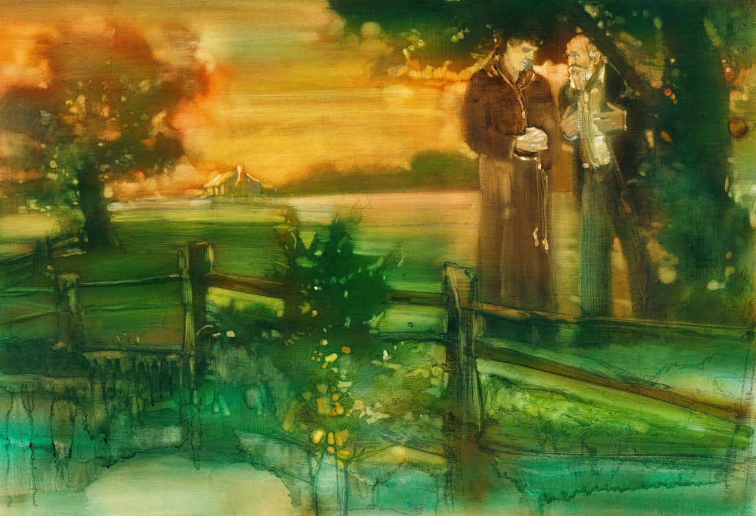 Walt Spitzmiller (MO,1944-2020) oil painting: ARTIST: Walter Spitzmiller (Missouri, 1944 - 2020) TITLE: Illustration - The Brothers Karamazov YEAR: 1977 MEDIUM: oil on board CONDITION: Few minor scra