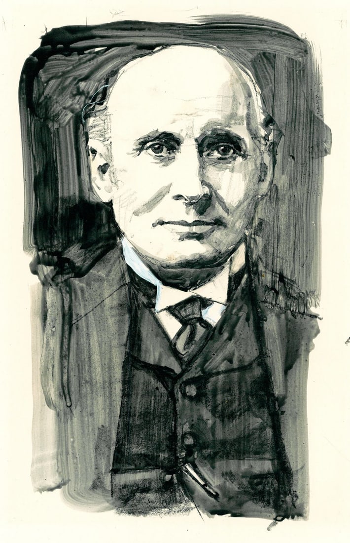 Tony Kokinos (US,1928-2025) watercolor painting: ARTIST: Tony Kokinos (American, 1928 - 2025) TITLE: Illustration - Portrait of Alfred North Whitehead (titled on verso) YEAR: 1980s MEDIUM: watercolor on paper. Paper applie