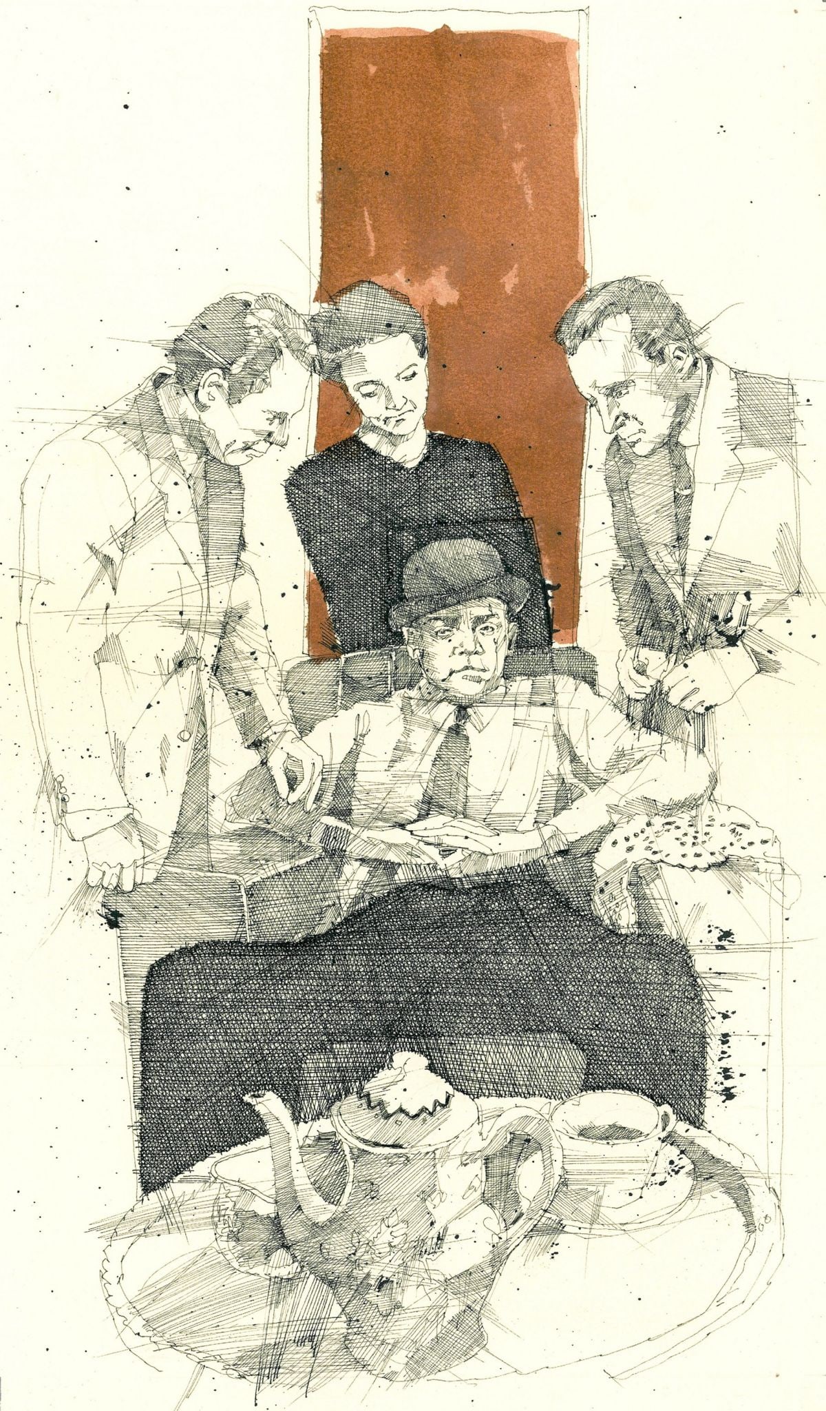 Kenneth Francis Dewey (AZ,1940-?) ink painting: ARTIST: Kenneth Francis Dewey (Arizona, 1940 - ???) TITLE: Illustration - Sean O'Casey Six Plays YEAR: 1980 MEDIUM: ink on heavy paper CONDITION: Minor a