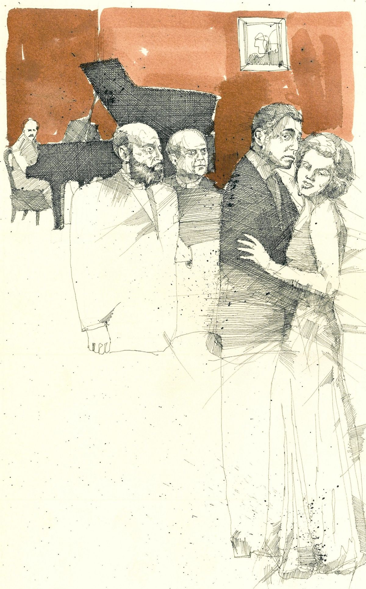 Kenneth Francis Dewey (AZ,1940-?) ink painting: ARTIST: Kenneth Francis Dewey (Arizona, 1940 - ???) TITLE: Illustration - Sean O'Casey Six Plays YEAR: 1980 MEDIUM: ink on heavy paper CONDITION: Minor d