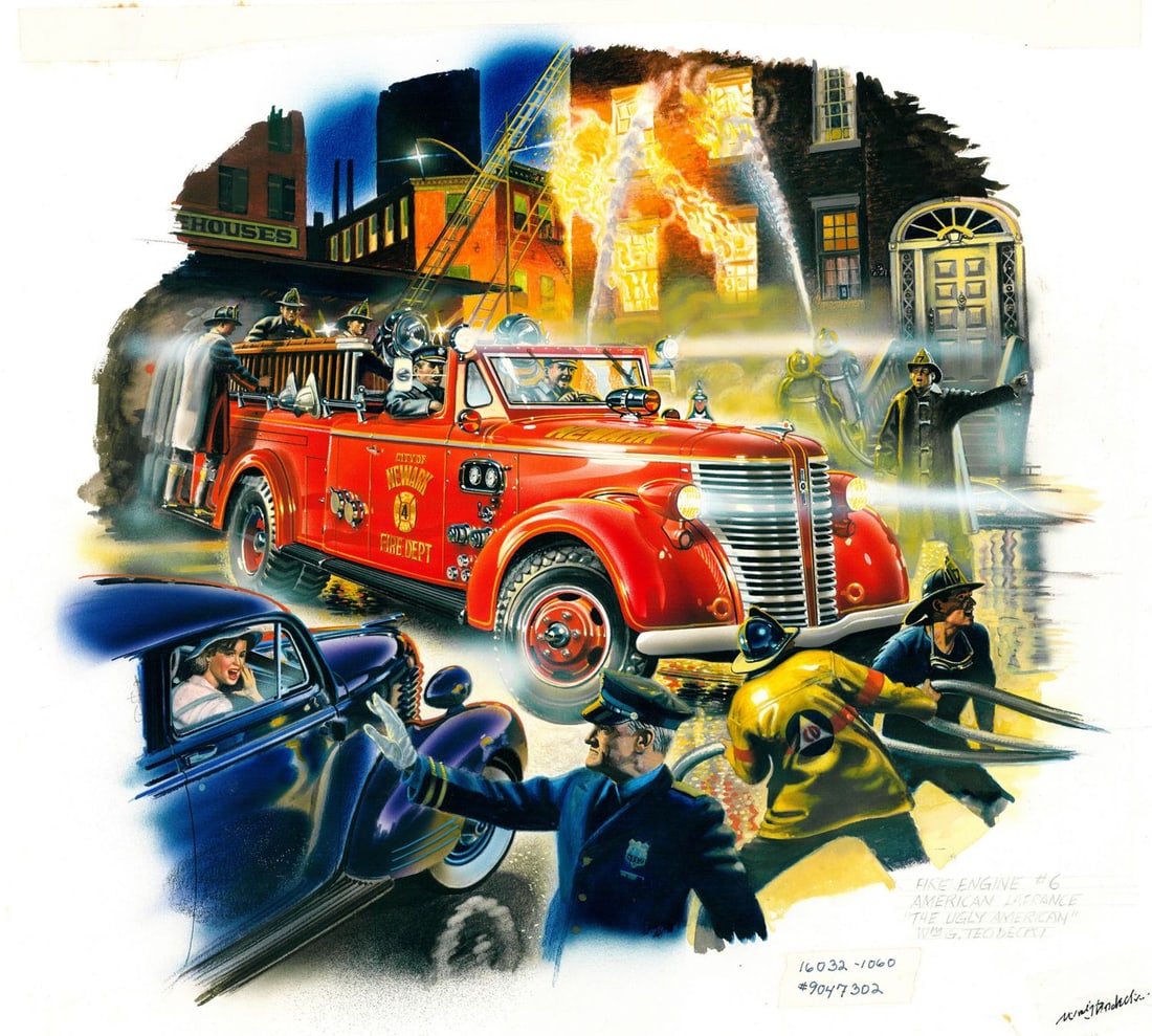 William Teodecki (MD,20C) gouache painting: ARTIST: William G Teodecki (Maryland, 20 century) TITLE: Illustration - Fire Engine 6 YEAR: 1980s MEDIUM: gouache on heavy paper CONDITION: Minor paint l