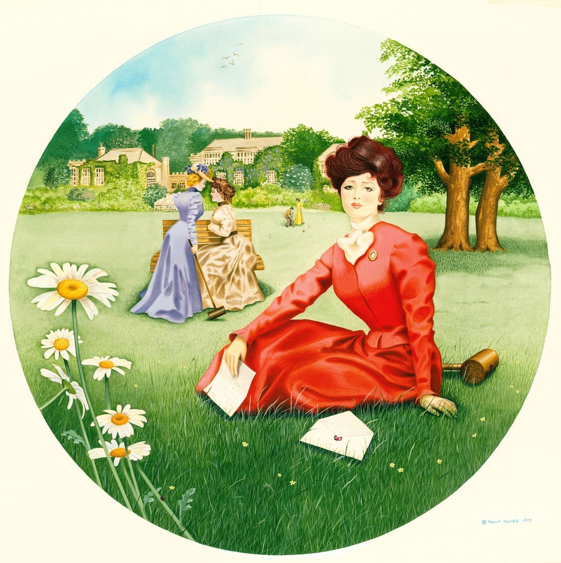 Philip Rymer (US,20C) gouache painting: ARTIST: Philip Rymer (American, 20 century) TITLE: Illustration - Three Ladies at Promenade YEAR: 1983 MEDIUM: gouache on board CONDITION: Overall good.<