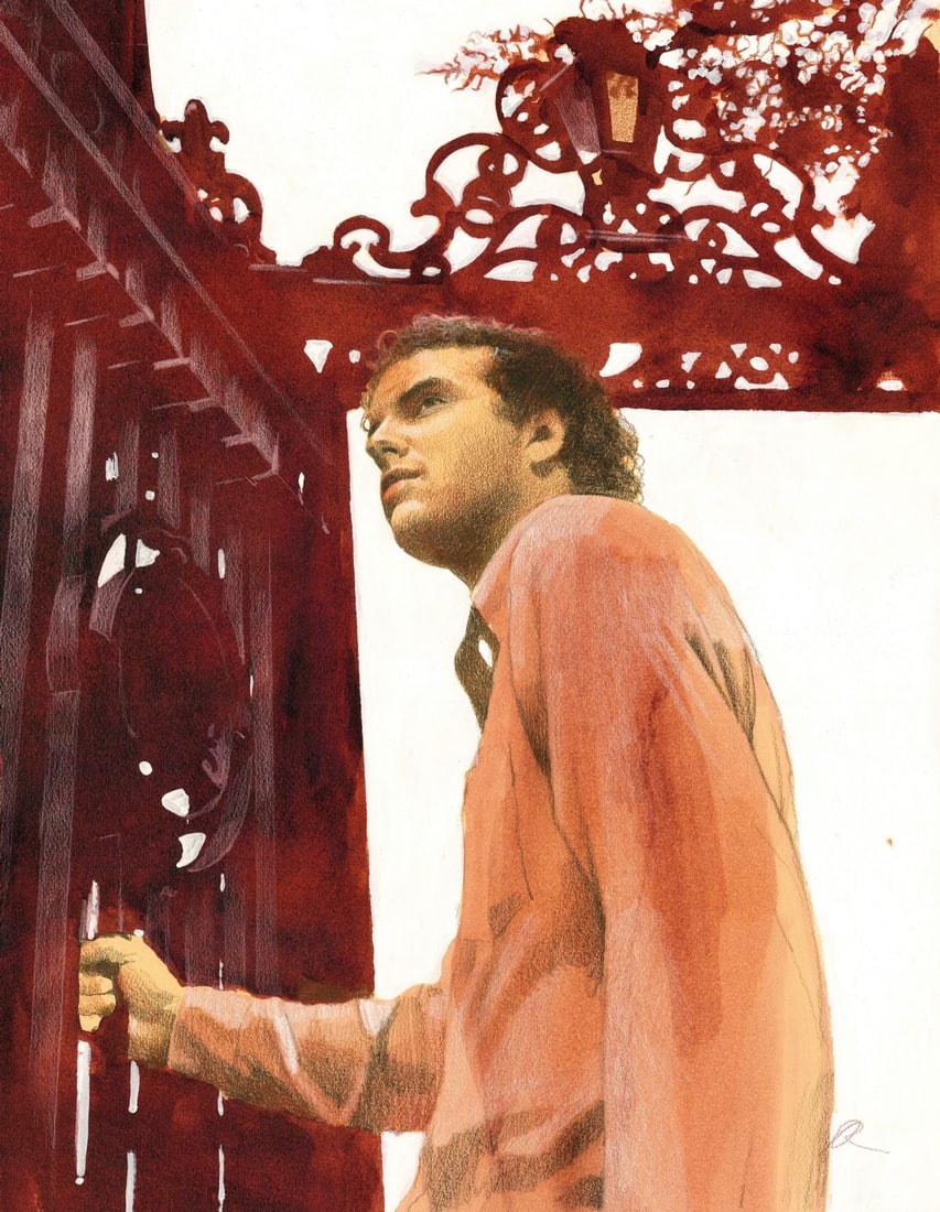 Alan Reingold (NY,RI,b 1956) mixed media painting: ARTIST: Alan Reingold (New York, Rhode Island, born 1956) TITLE: Illustration YEAR: 1980s MEDIUM: mixed media on paper CONDITION: Some tears by the upper