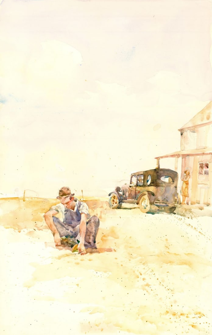 Charles Reid (MA,NY,1937-2019) watercolor painting: ARTIST: Charles Reid (Massachusetts, New York, 1937 - 2019) TITLE: Illustration - The Grapes of Wrath YEAR: 1978 MEDIUM: watercolor on heavy paper CONDITION:
