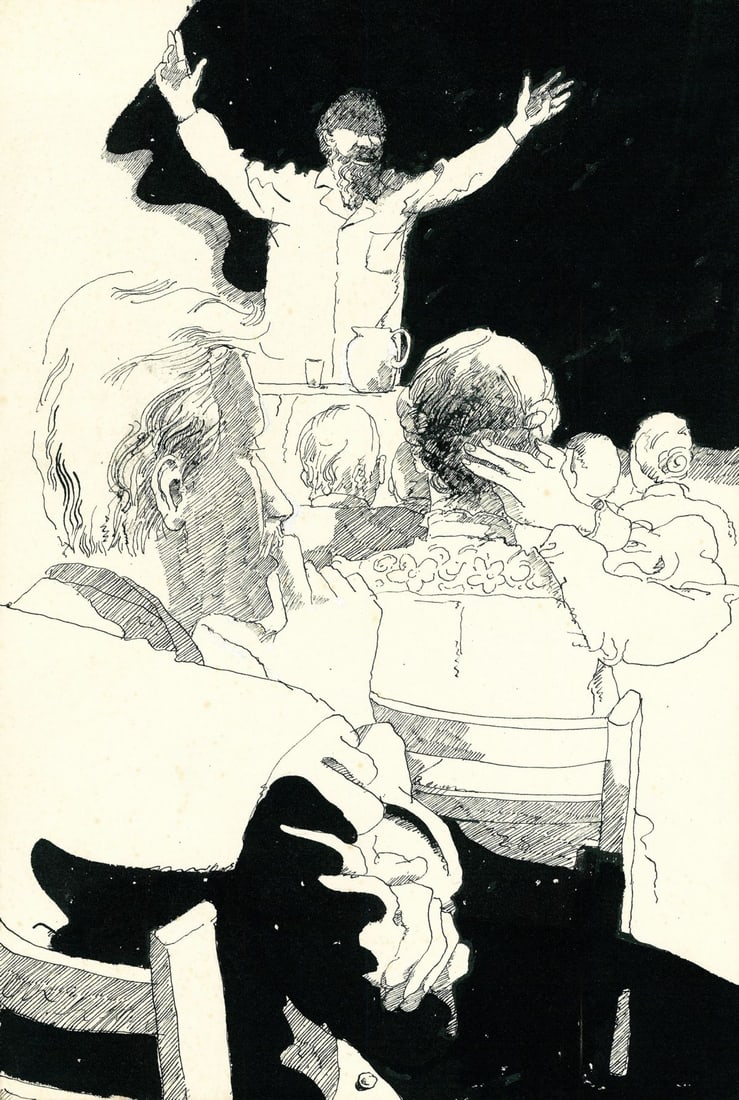 Joseph Ciardello (NY,born 1953) ink painting: ARTIST: Joseph G Ciardello (New York, born 1953) TITLE: Illustration YEAR: 1980s MEDIUM: ink on paper. Paper applied to board. CONDITION: Some foxing. Mi