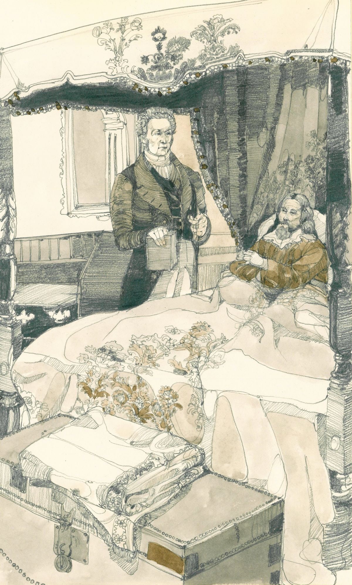 Jerry Pinkney (NY,PA,1939-2021) graphite painting: ARTIST: Jerry Pinkney (New York, Pennsylvania, 1939 - 2021) TITLE: Illustration - The Winthrop Covenant YEAR: 1976 MEDIUM: graphite on paper. Paper applied to board.