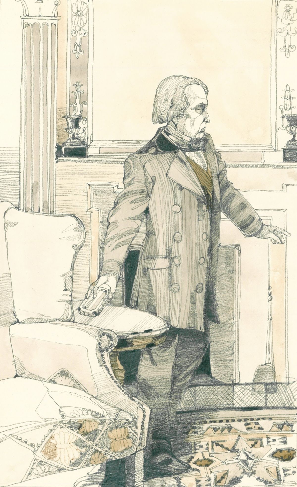 Jerry Pinkney (NY,PA,1939-2021) graphite painting: ARTIST: Jerry Pinkney (New York, Pennsylvania, 1939 - 2021) TITLE: Illustration - The Winthrop Covenant YEAR: 1976 MEDIUM: graphite on paper. Paper applied to board.