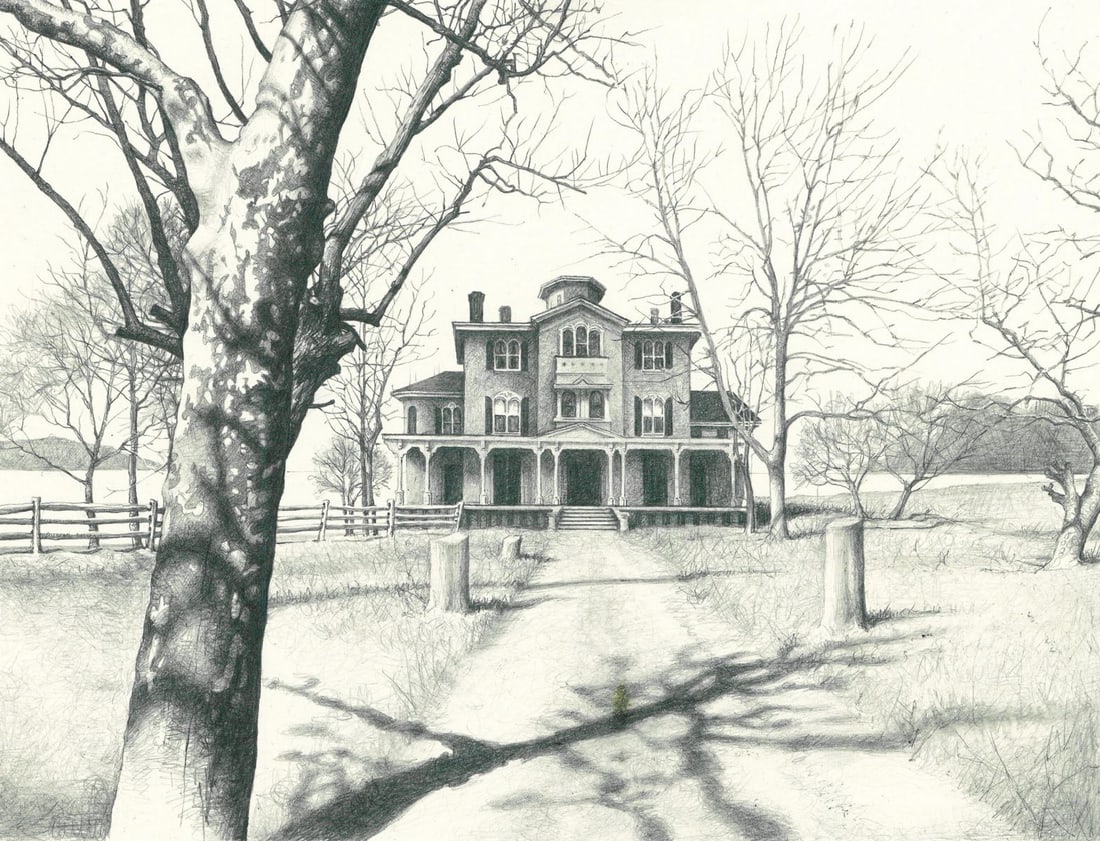 Michael J Deas (LA,b 1956) graphite painting: ARTIST: Michael J Deas (Louisiana, born 1956) TITLE: Illustration - The Witches of Eastwick YEAR: 1984 MEDIUM: graphite on board CONDITION: Minor uneven