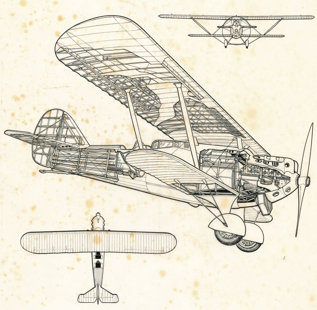 John Batchelor (UK,1936-2019) ink painting: ARTIST: John Henry Batchelor (United Kingdom, 1936 - 2019) TITLE: Plane YEAR: 1984 MEDIUM: ink on paper. Paper applied to board. CONDITION: Some damage