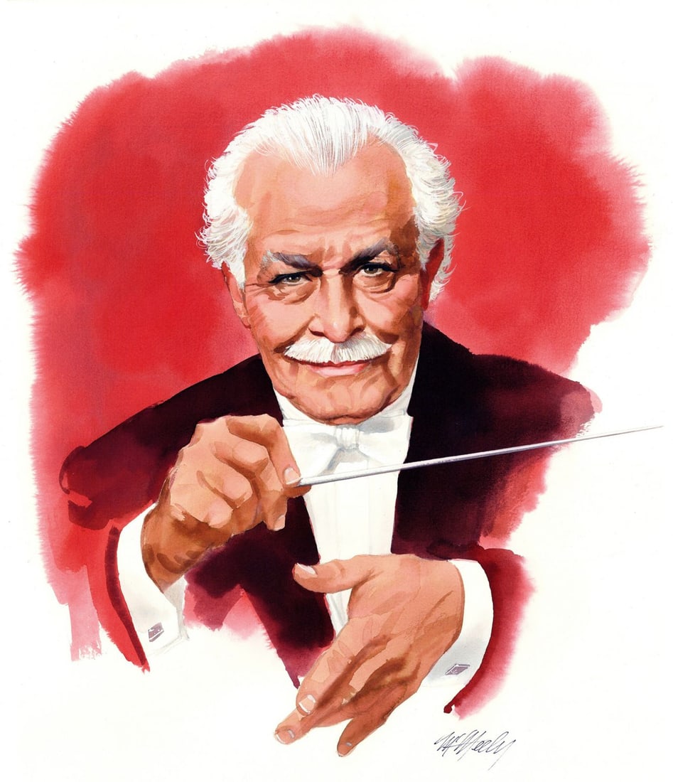 Tom McNeely (Canada,1935-?) watercolor painting: ARTIST: Tom McNeely (Canadian, 1935 - ???) TITLE: Portrait of Conductor Arthur Fiedler (titled on verso) YEAR: 1997 MEDIUM: watercolor on paper. Paper applied to board. <