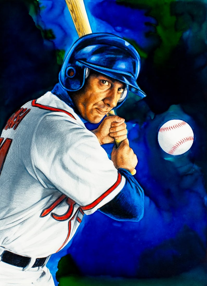 Paul Calle (CT,NY,1928-2010) mixed media painting: ARTIST: Paul Calle (Connecticut, New York, 1928 - 2010) & Chris Calle (American, born 1961) TITLE: 1990s - Baseball Records (titled on verso) YEAR: 2000 MEDIUM: mixed medi