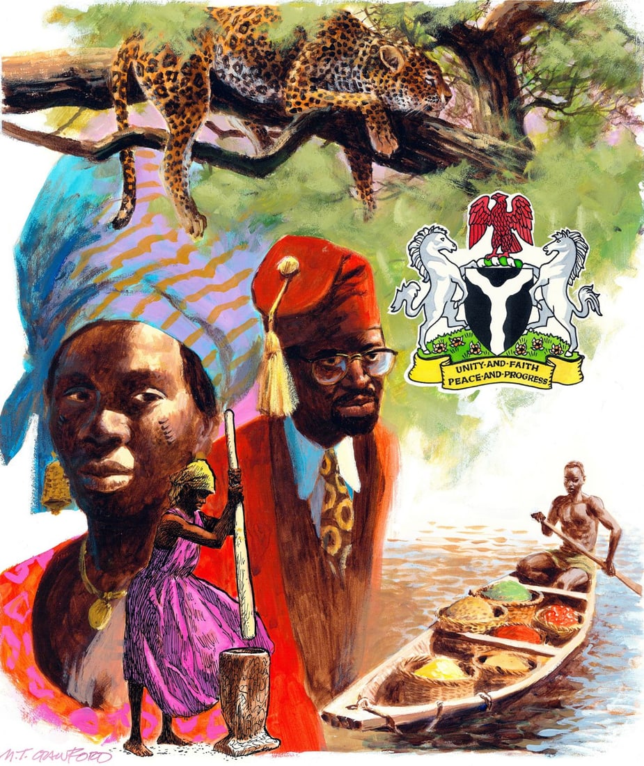 Mel Crawford (CT,Canada,1925-2015) gouache painting: ARTIST: Mel Crawford (Canadian, Connecticut, 1925 - 2015) TITLE: Nigeria (titled on verso) YEAR: 1982 MEDIUM: gouache on board CONDITION: Very good. <