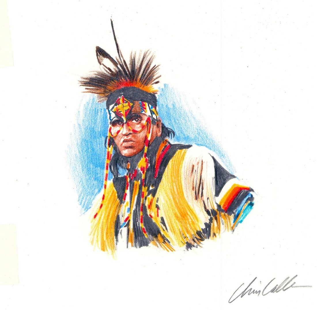 Chris Calle (CT,born 1961) colored pencil painting: ARTIST: Chris Calle (Connecticut, born 1961) TITLE: American Indian Dances (titled on verso) YEAR: 1996 MEDIUM: colored pencil on paper. Paper applied to board. C