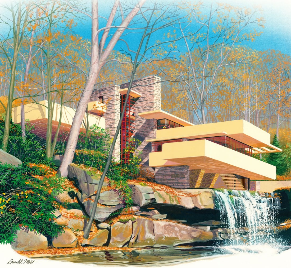 Donald Moss (CT,MA,1920-2010) gouache painting: ARTIST: Donald Moss (Connecticut, Massachusetts, 1920 - 2010) TITLE: Cityscape - Falling Water House, PA (titled on verso) YEAR: 1981 MEDIUM: gouache on board C