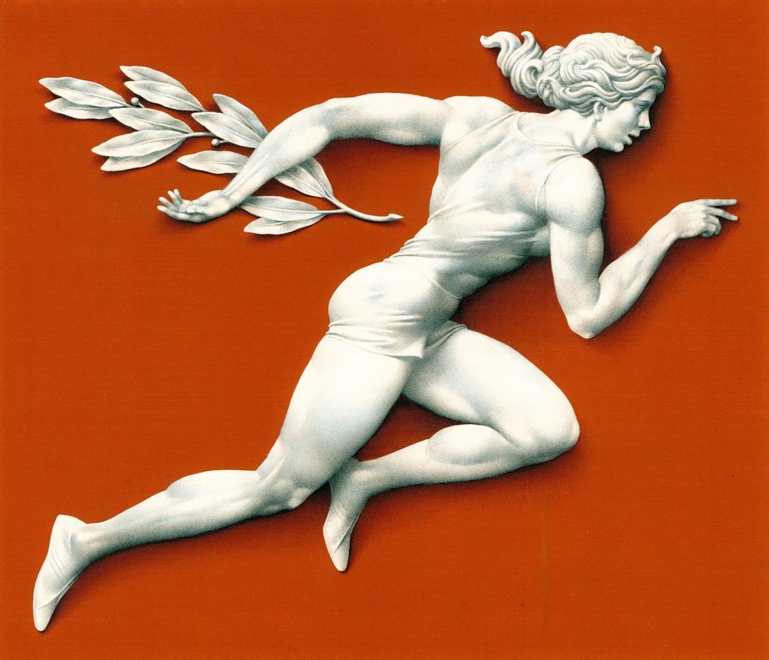 Nicolas Litvinov (Russia,1930-2005) gouache painting: ARTIST: Nicolas Kirillovitch Litvinov (Russian, 1930 - 2005) TITLE: Olympics 1980 - Running (titled on verso) YEAR: 1980 MEDIUM: gouache on paper. Paper applied to board.