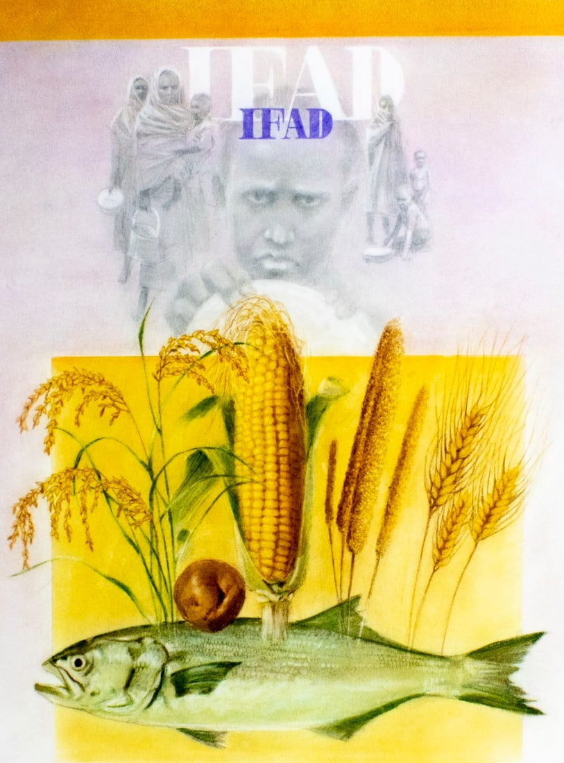 Tom Bjarnason (Canada,1925-2009) pastel painting: ARTIST: Tom Bjarnason (Canadian, 1925 - 2009) TITLE: Illustration - For a World Without Hunger (titled on verso) YEAR: 1988 MEDIUM: pastel on board CONDITION: