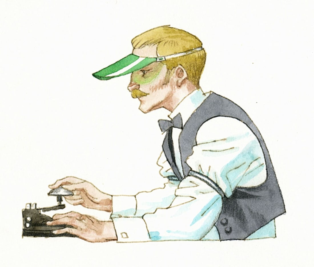 Alex Bloch (US,20C) watercolor painting: ARTIST: Alex Bloch (American, 20 century) TITLE: Clerk at Work MEDIUM: watercolor on heavy paper CONDITION: Overall good. ART SIZE: 2 x 2 inches / 5 x 5
