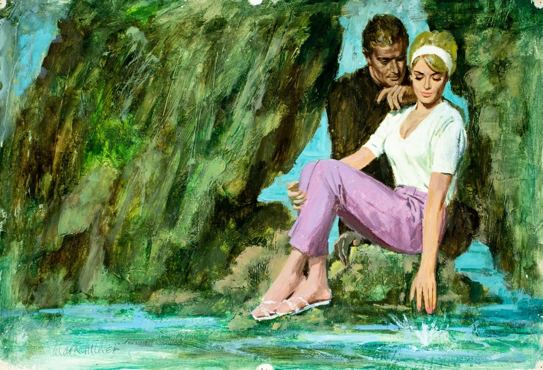 Mark Miller (NY,CA,NC,1919-2008) gouache painting: ARTIST: Marshall Dawson (Mark) Miller (New York, California, North Carolina, 1919 - 2008) TITLE: Illustration - Couple at Shore MEDIUM: gouache on board CONDITION: Minor