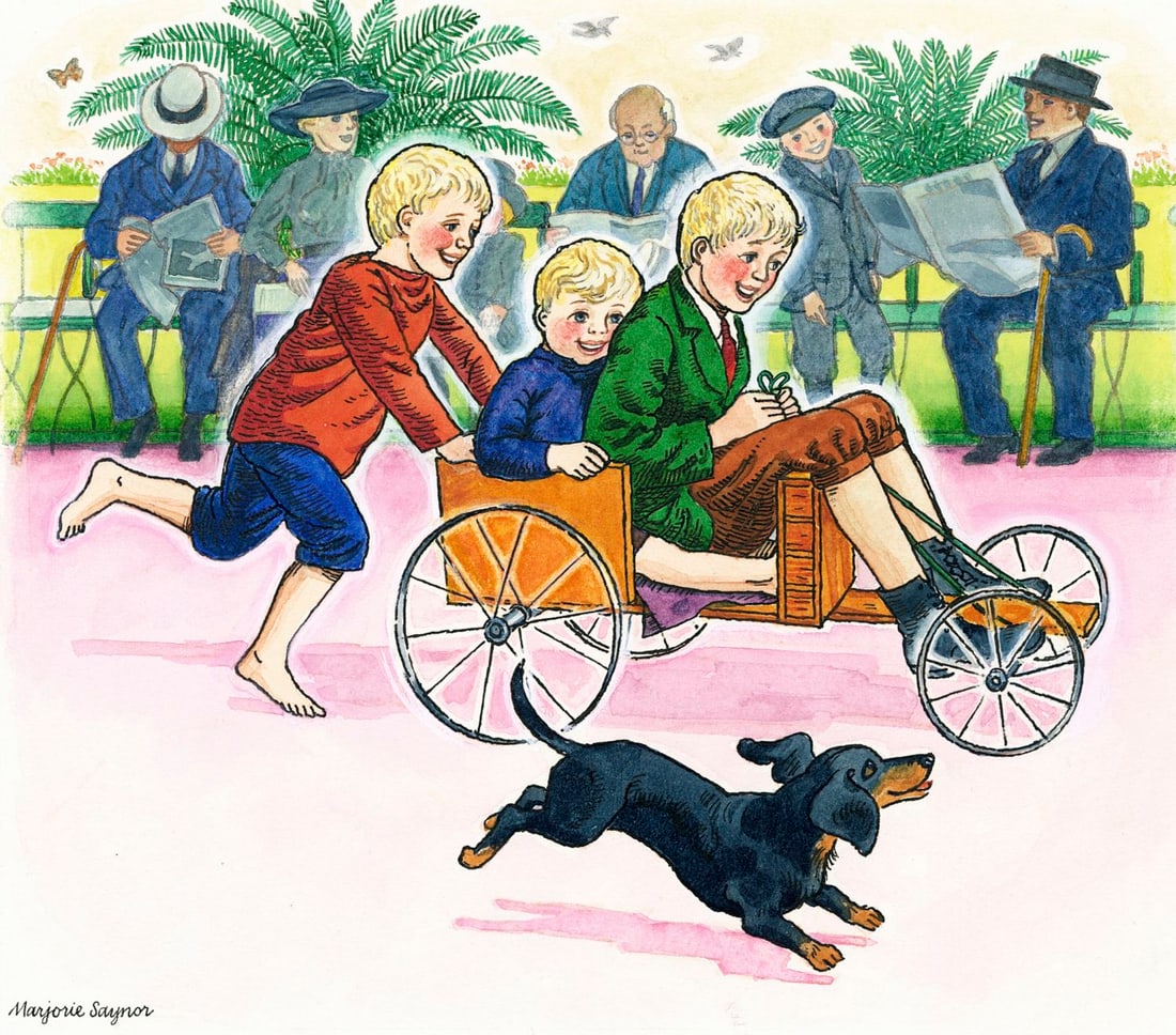 Marjorie Saynor (UK,1924-2012) watercolor painting: ARTIST: Marjorie Saynor (United Kingdom, 1924 - 2012) TITLE: Boys with Go Cart, Germany YEAR: 1979 MEDIUM: watercolor on board CONDITION: Very good.