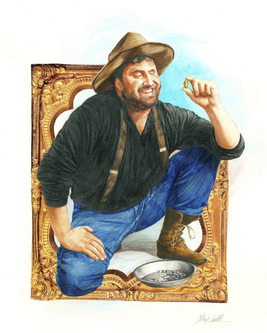 Chris Calle (CT,b 1961) colored pencil painting: ARTIST: Chris Calle (Connecticut, born 1961) TITLE: Klondike Gold Rush (titled on verso) YEAR: 1988 MEDIUM: colored pencil on board CONDITION: Minor dama