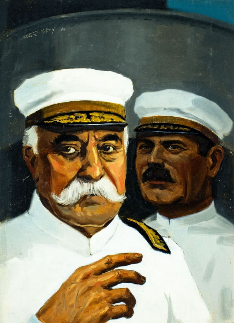 Alton Tobey (CT,1914-2005) oil painting: ARTIST: Alton Stanley Tobey (Connecticut, 1914 - 2005) TITLE: Commodore George Dewey, Victory in Manilia Bay MEDIUM: oil on canvas board CONDITION: Minor damage to the low