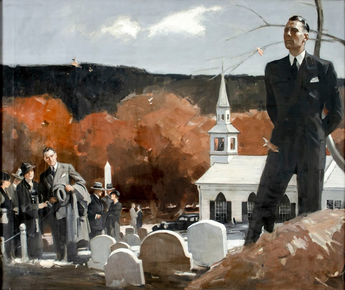 August Bleser Jr (US,1898-1966) oil painting antique: ARTIST: August Bleser Jr (American, 1898 - 1966) TITLE: A Reflective Moment YEAR: 1936 MEDIUM: oil on canvas CONDITION: One small paint loss by the rig