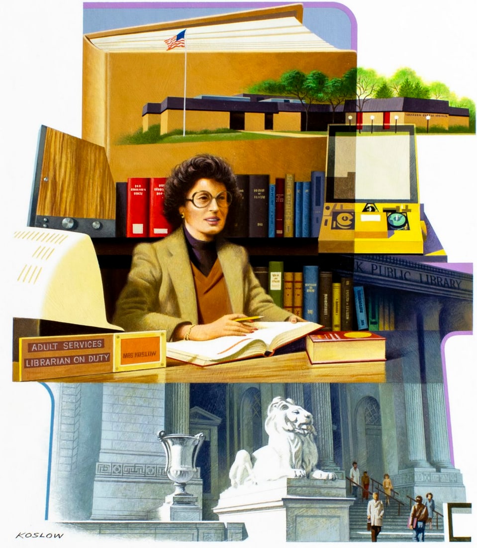 Howard Koslow (NJ,NY,1924-2016) oil painting: ARTIST: Howard Bertram Koslow (New Jersey, New York, 1924 - 2016) TITLE: Libraries of America (titled on verso) YEAR: 1982 MEDIUM: oil on board CONDITION: