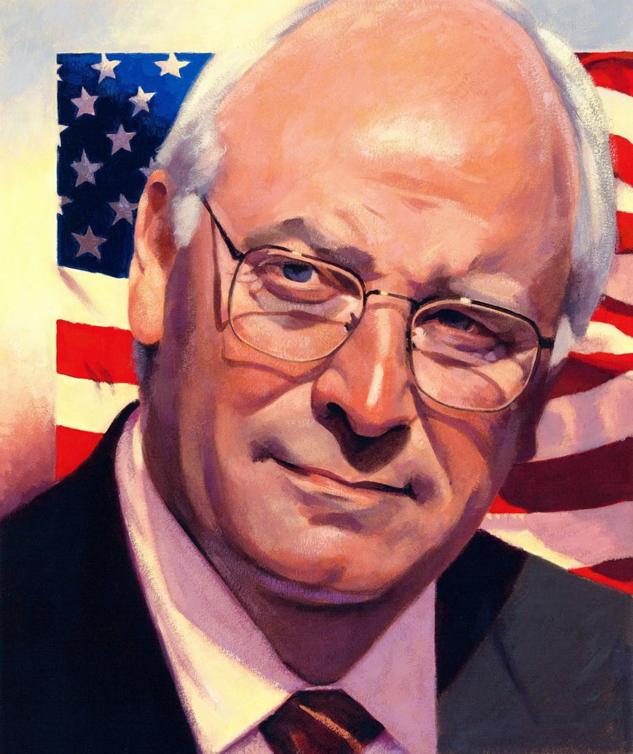 Lois Hatcher (US,1946-?) oil painting: ARTIST: Lois Hatcher (American, 1946 - ???) TITLE: Portrait of Richard Dick Cheney (titled on verso) YEAR: 2004 MEDIUM: oil on board CONDITION: Very good
