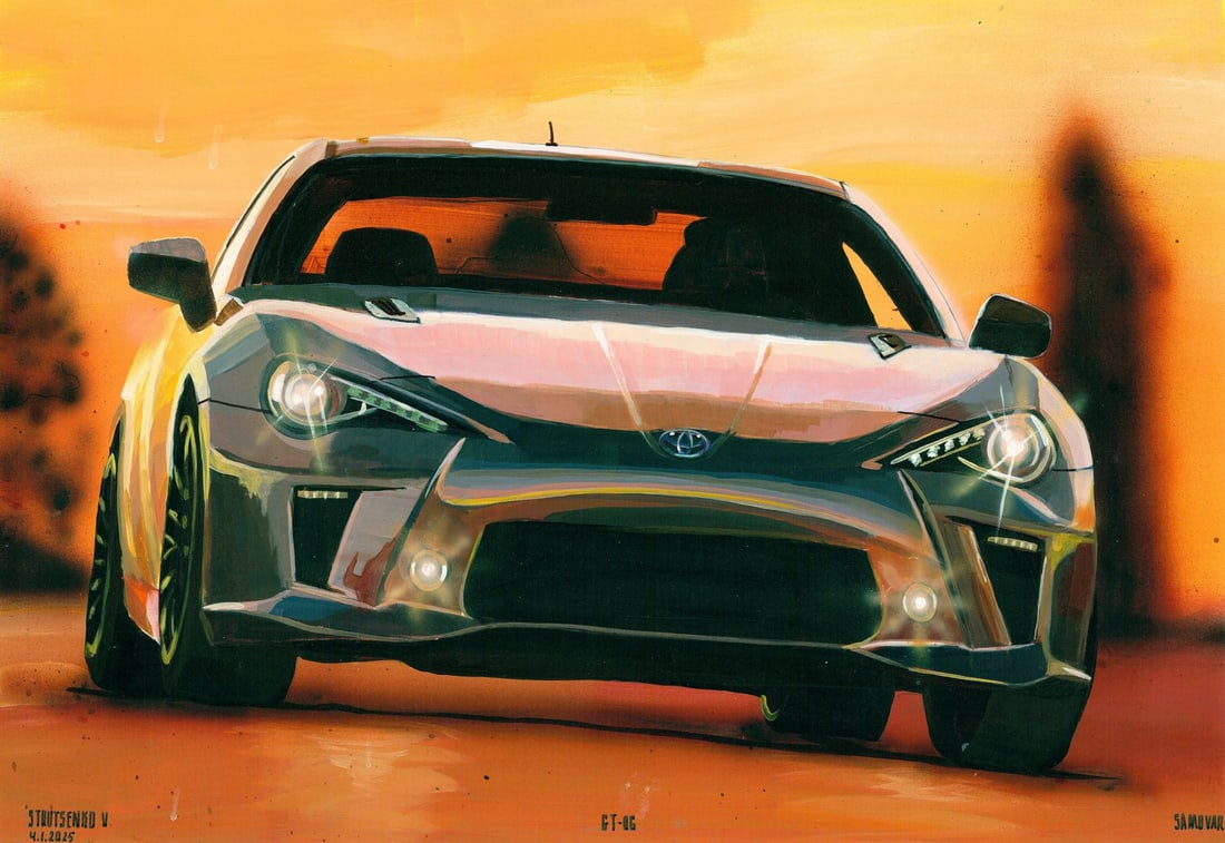 Volodymyr Strutsenko (Ukraine,20/21C) acrylic painting: ARTIST: Volodymyr Strutsenko (Ukrainian, 20/21 centuries) TITLE: Toyota GT86 Car MEDIUM: acrylic on heavy paper CONDITION: Very good. ART SIZE: 12 x 17 i