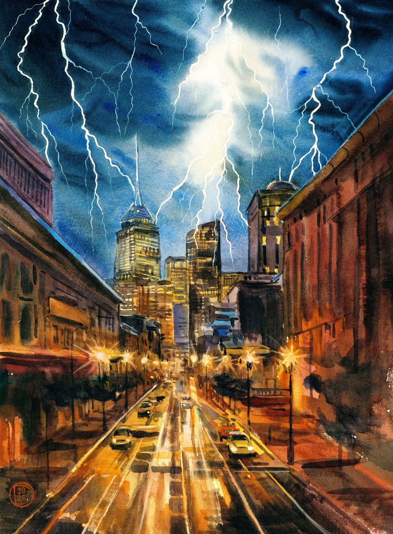 Olena Didenko (Ukraine,20/21C) watercolor painting: ARTIST: Olena Didenko (Ukrainian, 20/21 centuries) TITLE: Thundersorm over the City (titled on verso) MEDIUM: watercolor on heavy paper CONDITION: Very good. ART