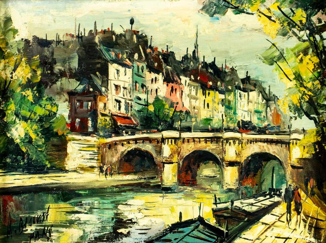 A Beauval (France,mid 20C) oil painting: ARTIST: A Beauval (French, mid 20 century) TITLE: Paris Bridge Cityscape, France MEDIUM: oil on canvas CONDITION: Missing a few flakes of paint. Very minor craquelure. No v