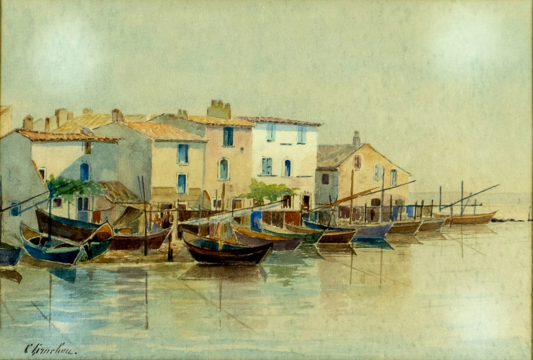 Antique early 20C European watercolor painting signed: ARTIST: - (Europe, early 20 century) TITLE: Harbor Scene MEDIUM: watercolor on paper CONDITION: Some age toning. Framed under glass. Minor damages to frame. AR
