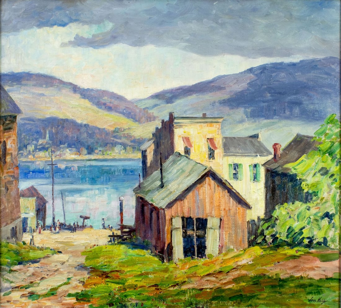 Jesse Hobby (IL,1871-1938) oil painting antique: ARTIST: Jesse Carl Hobby (Illinois, 1871 - 1938) TITLE: Coastal Town Scene MEDIUM: oil on canvas CONDITION: Missing a few flakes of paint. Some craquelure. No visible inpa