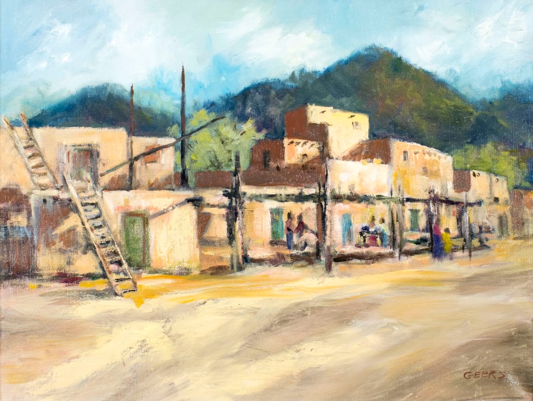 Peggy L Geers (PA,20C) oil painting: ARTIST: Peggy L Geers (Pennsylvania, 20 century) TITLE: Cityscape, Taos Pueblo, NM MEDIUM: oil on canvas CONDITION: Very good. No visible inpaint under UV light.