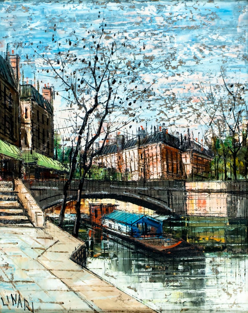 Linari (France,20C) oil painting: ARTIST: Linari (French, 20 century) TITLE: Canal Cityscape MEDIUM: oil on canvas CONDITION: Overall good. No visible inpaint under UV light. Wear to frame. ART SI