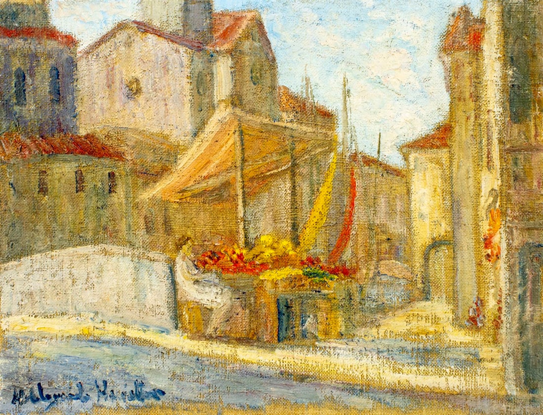 Hildegarde Hamilton (FL,VA,1898-1970) oil painting: ARTIST: Hildegarde Hume Hamilton (Florida, Virginia, 1898 - 1970) TITLE: Flower Market Scene MEDIUM: oil on canvas CONDITION: Missing a few flakes of paint. Very minor cra