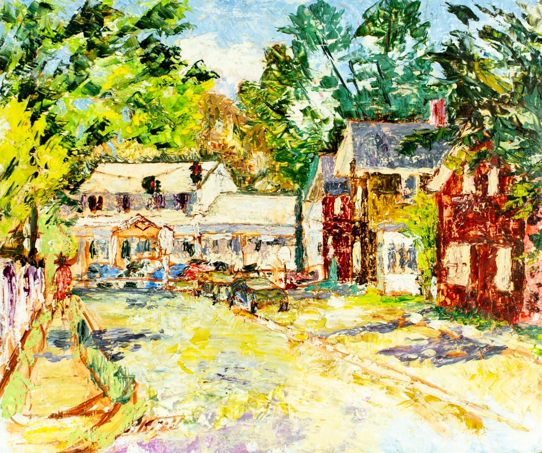 S Govsica (Europe,20C) oil painting: ARTIST: S Govsica (European, 20 century) TITLE: Town Scene MEDIUM: oil on board CONDITION: Minor damages to corners. Few minor paint losses mostly in the upper right quadran