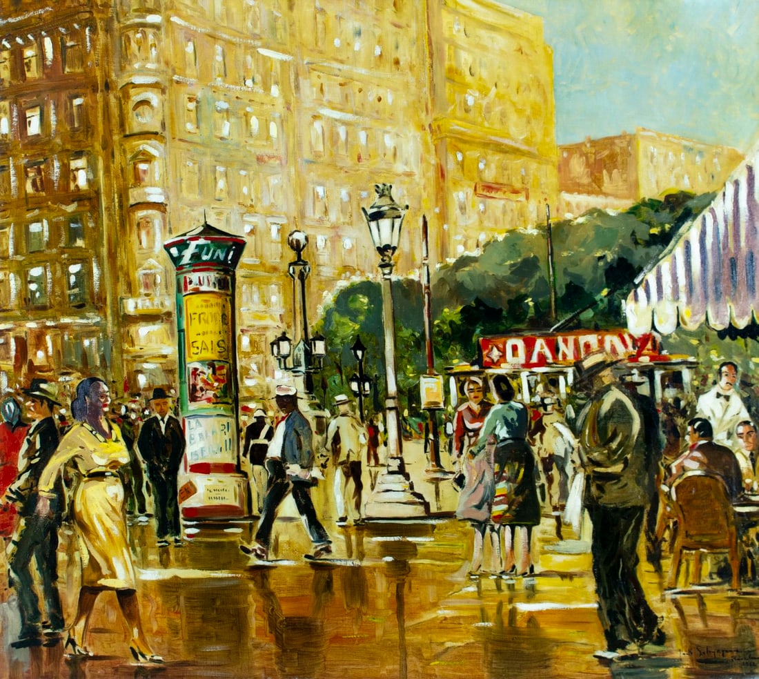 Jacques Schyrgens (Canada,Belgium,1923-?) oil painting: ARTIST: Jacques Schyrgens (Canadian, Belgian, 1923 - ???) TITLE: Paris Cityscape, France YEAR: 1952 MEDIUM: oil on canvas CONDITION: Very minor craquel