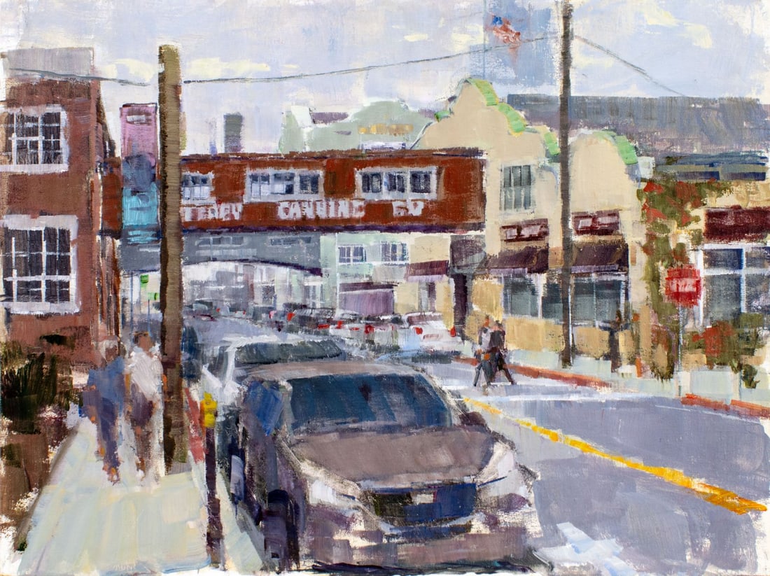 Vintage 20C California oil painting signed: ARTIST: - (California, 20 century) TITLE: Cityscape - Monterey, CA MEDIUM: oil on canvas CONDITION: Very good. No visible inpaint under UV light. ART SIZE: