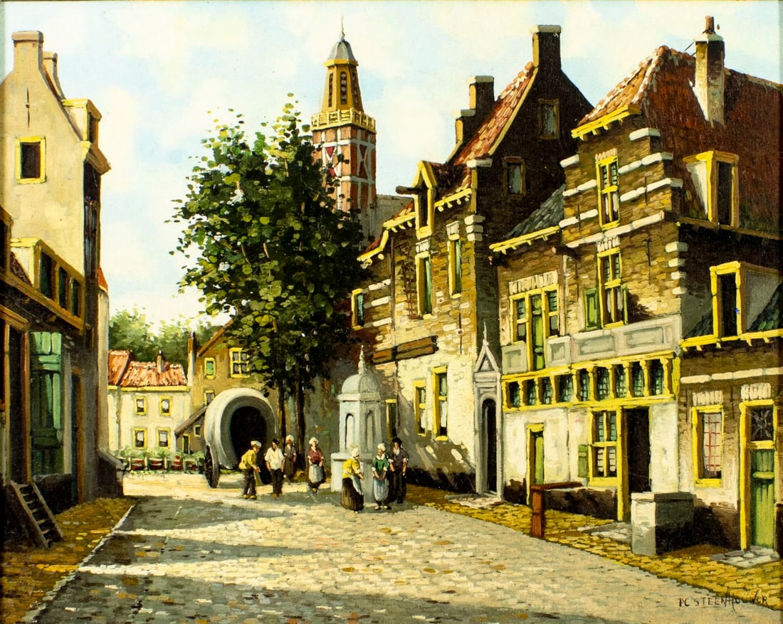 Pieter Cornelis Steenhouwer (Dutch,1896-1972) oil painting: ARTIST: Pieter Cornelis Steenhouwer (Netherlands, 1896 - 1972) TITLE: Dutch Cityscape MEDIUM: oil on canvas CONDITION: Missing a few flakes of paint. Some craquelure. No v