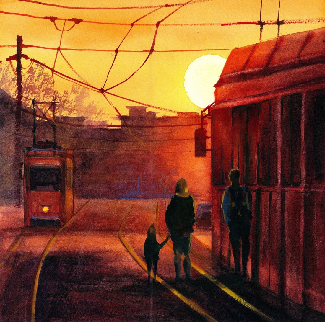 Oksana Chernachuk (Ukraine,b 1989) watercolor painting: ARTIST: Oksana Chernachuk (Ukrainian, born 1989) TITLE: Sunset Street Scene with Tram MEDIUM: watercolor on heavy paper CONDITION: Very good. ART SIZE: 9