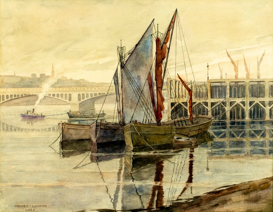Antique early 20C British watercolor painting: ARTIST: - (United Kingdom, early 20 century) TITLE: London Harbor Scene, UK MEDIUM: watercolor on paper CONDITION: Some age toning. Framed under glass. Wear to frame. <