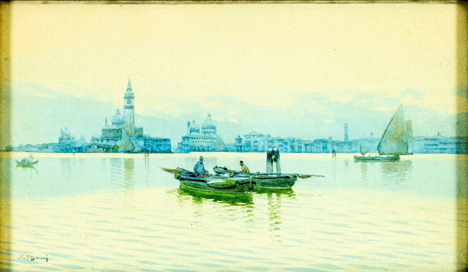 Emilio Boni (Italy,19C) watercolor painting antique: ARTIST: Emilio Boni (Italian, 19 century) TITLE: Venice Cityscape MEDIUM: watercolor on paper CONDITION: Some age toning. Framed under glass. Wear to frame. ART S